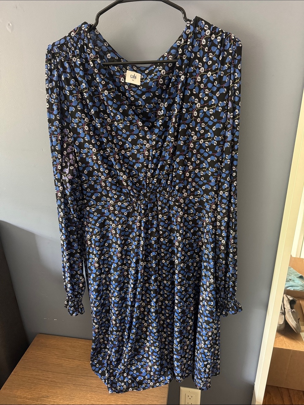 CAbi Black and Blue Floral Long-Sleeve Dress 5772 XL